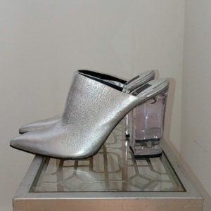 Silver Leather Mules, Clear Block Heel, Size 8.5